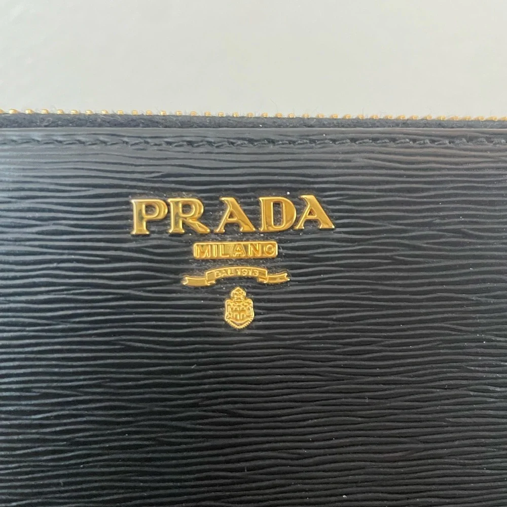 Prada Black Saffiano Leather Zip Wallet with Gold Logo